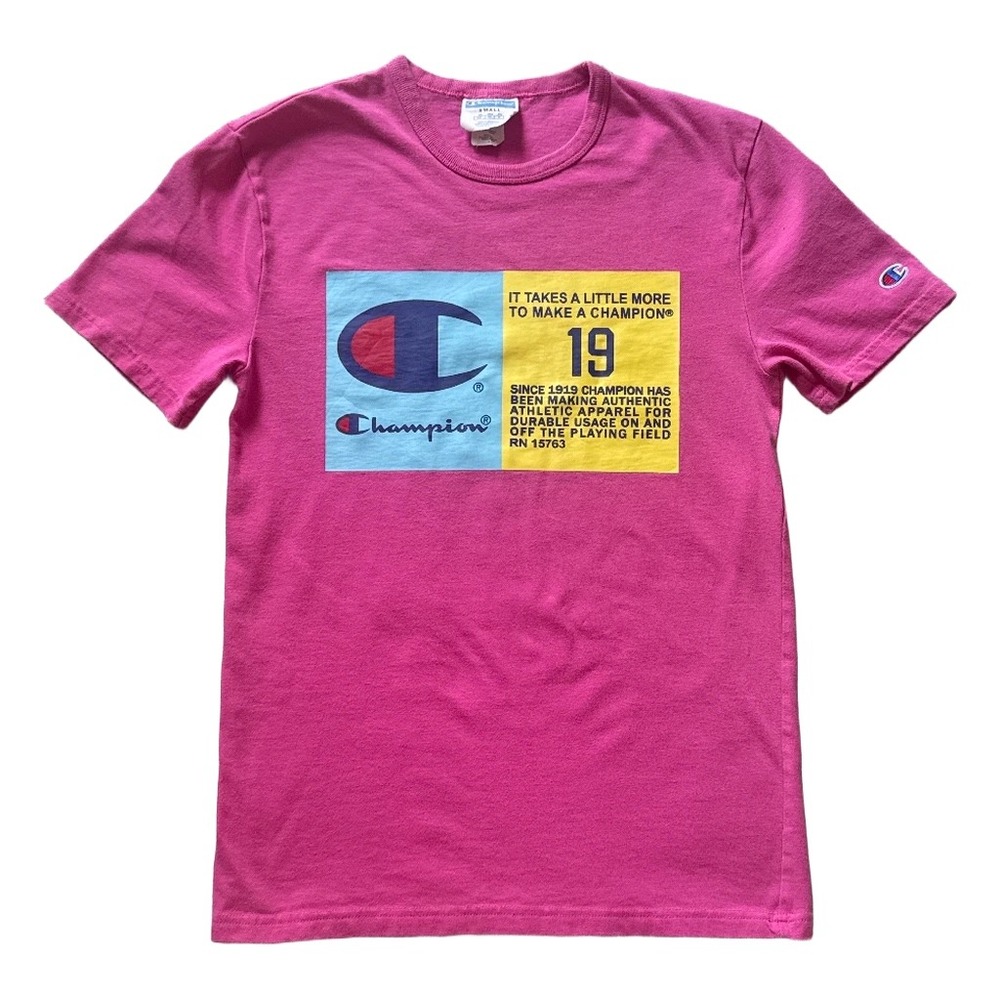 Champion Mens Pink Graphic T-Shirt Heritage 1919 Logo Crew Neck Small T1919G